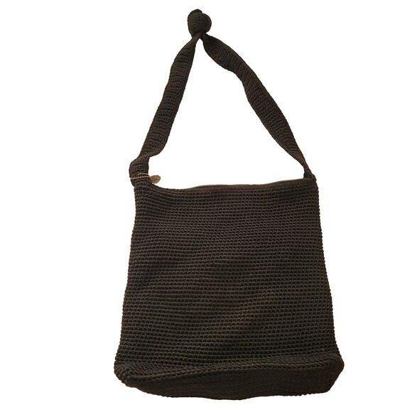 THE SAK Black Crochet Long Crossbody Strap Shoulder Zip Purse Goth Boho Festival - Picture 2 of 5